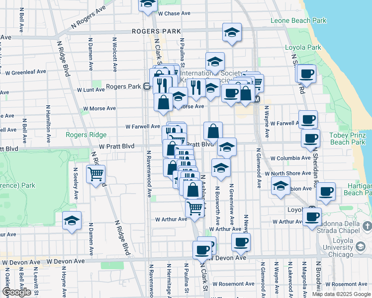 map of restaurants, bars, coffee shops, grocery stores, and more near 1630 West Columbia Avenue in Chicago
