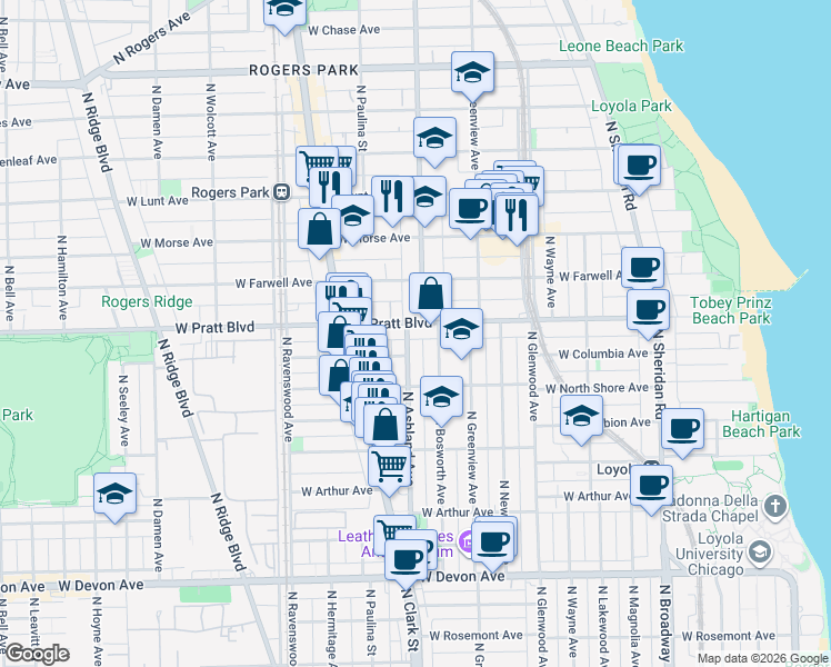 map of restaurants, bars, coffee shops, grocery stores, and more near 1563 West Pratt Boulevard in Chicago