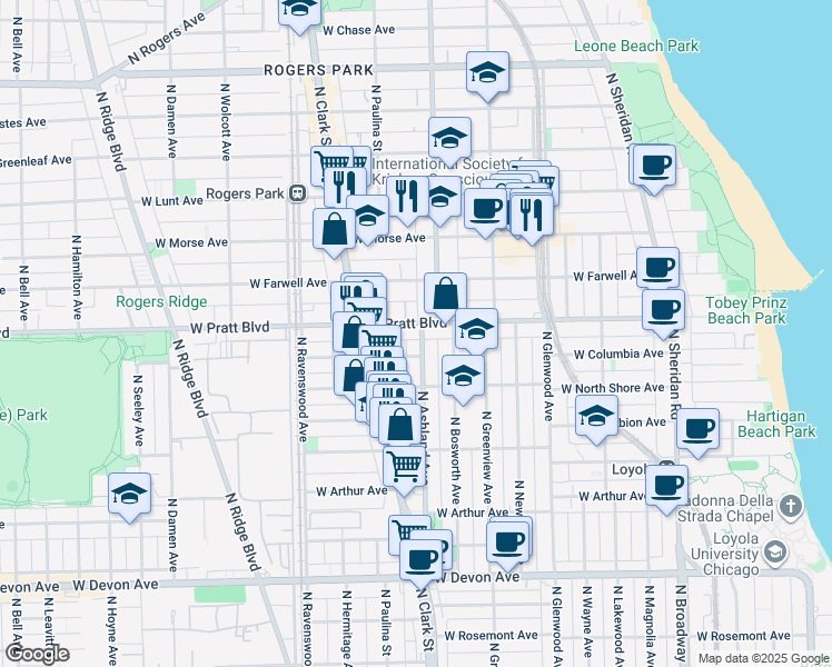 map of restaurants, bars, coffee shops, grocery stores, and more near 6748 North Ashland Avenue in Chicago