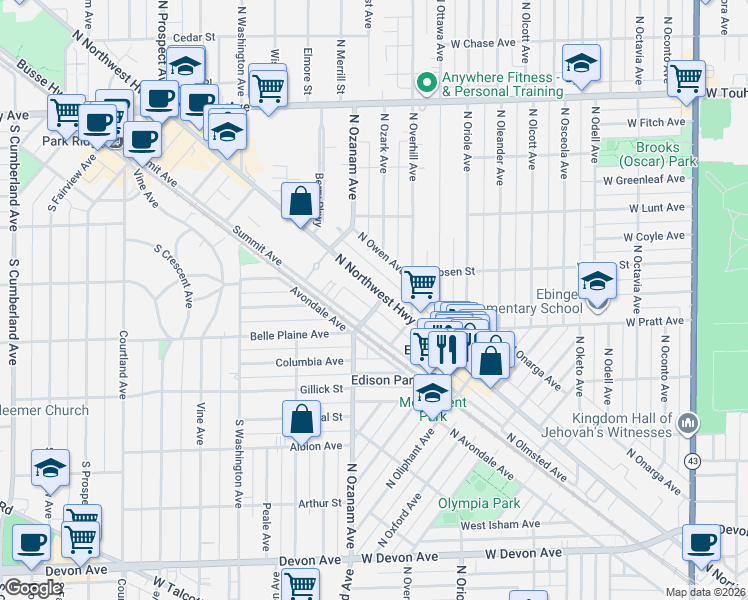 map of restaurants, bars, coffee shops, grocery stores, and more near 6811 North Ozark Avenue in Chicago