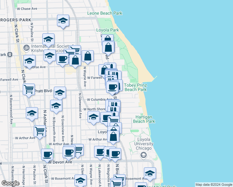 map of restaurants, bars, coffee shops, grocery stores, and more near 1141 West Columbia Avenue in Chicago