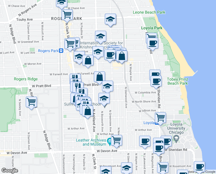 map of restaurants, bars, coffee shops, grocery stores, and more near 6749 North Bosworth Avenue in Chicago