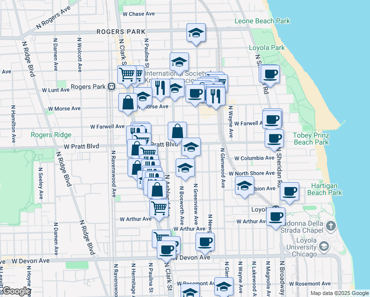 map of restaurants, bars, coffee shops, grocery stores, and more near 6749 North Bosworth Avenue in Chicago