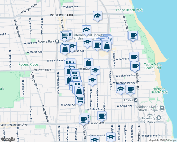 map of restaurants, bars, coffee shops, grocery stores, and more near 6749 North Bosworth Avenue in Chicago