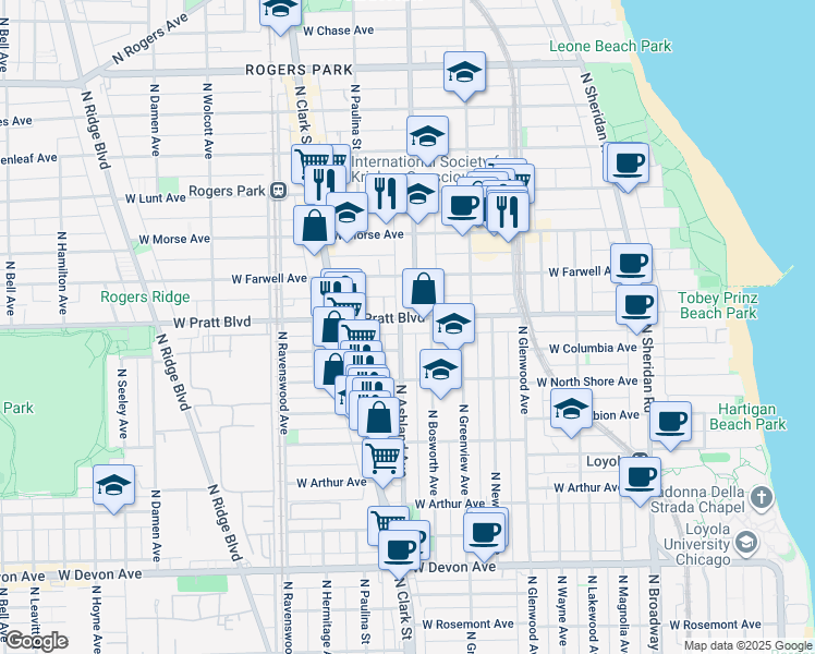map of restaurants, bars, coffee shops, grocery stores, and more near 6733 North Ashland Avenue in Chicago