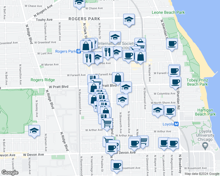 map of restaurants, bars, coffee shops, grocery stores, and more near 6733 North Ashland Avenue in Chicago