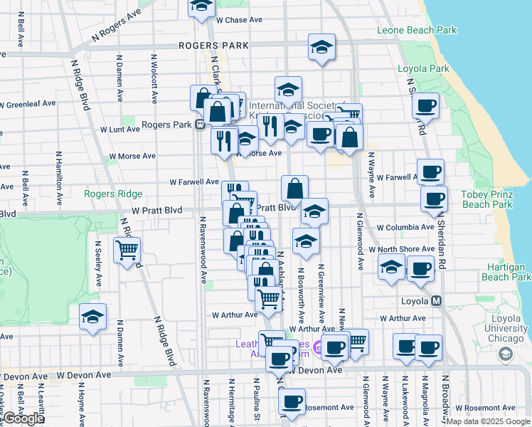 map of restaurants, bars, coffee shops, grocery stores, and more near 1630 West Columbia Avenue in Chicago