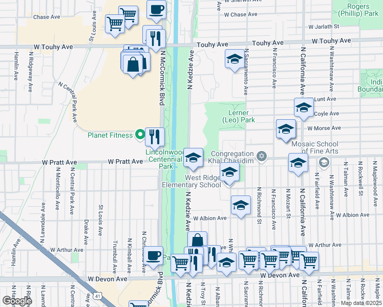 map of restaurants, bars, coffee shops, grocery stores, and more near in Lincolnwood