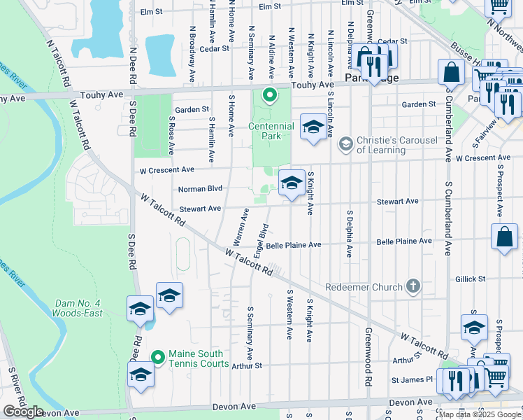 map of restaurants, bars, coffee shops, grocery stores, and more near 500 Engel Boulevard in Park Ridge