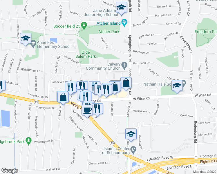 map of restaurants, bars, coffee shops, grocery stores, and more near 1712 Westover Lane in Schaumburg