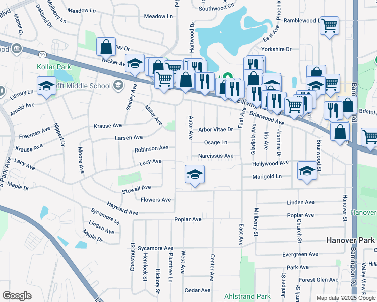 map of restaurants, bars, coffee shops, grocery stores, and more near 1673 McKool Avenue in Streamwood