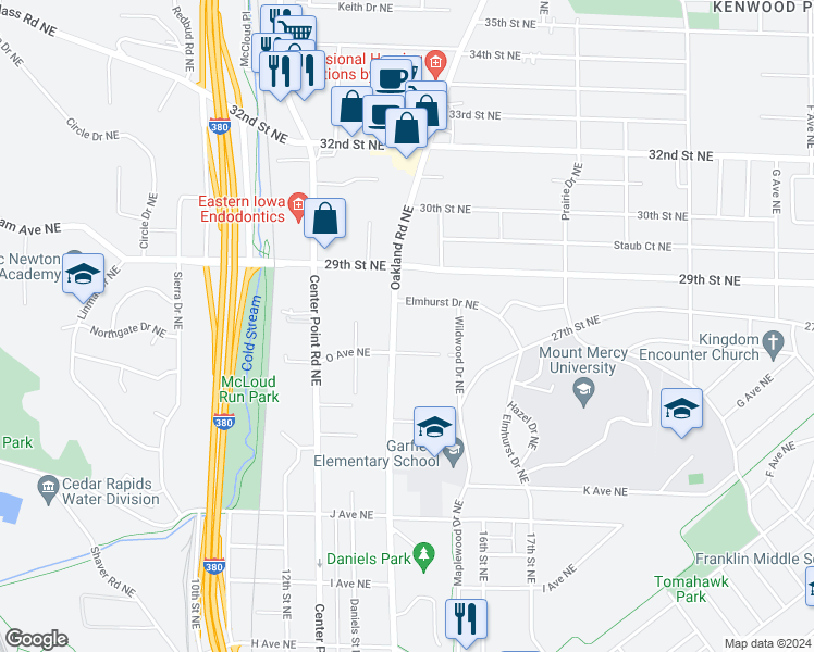 map of restaurants, bars, coffee shops, grocery stores, and more near 1380 O Avenue Northeast in Cedar Rapids