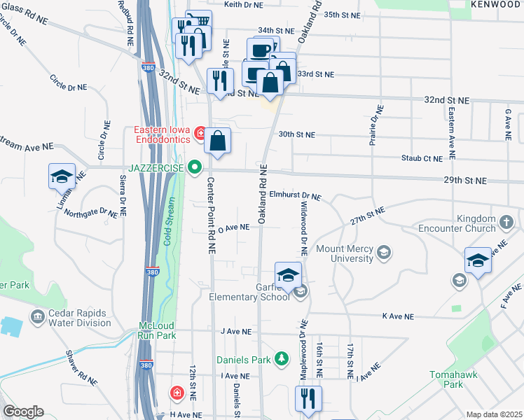 map of restaurants, bars, coffee shops, grocery stores, and more near 1380 O Avenue Northeast in Cedar Rapids