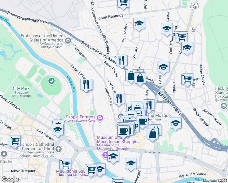 map of restaurants, bars, coffee shops, grocery stores, and more near Joakim Krcovski in Skopje