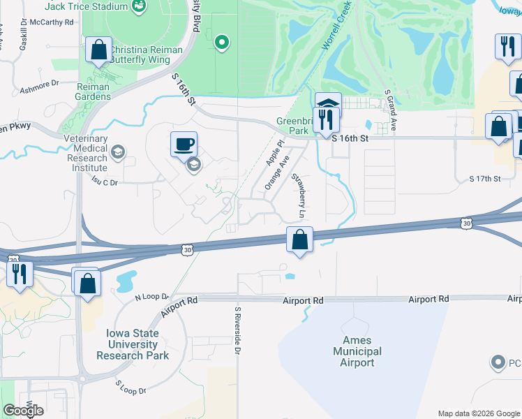 map of restaurants, bars, coffee shops, grocery stores, and more near 298-306 Strawberry Lane in Ames