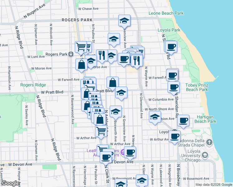 map of restaurants, bars, coffee shops, grocery stores, and more near 1533 West Pratt Boulevard in Chicago