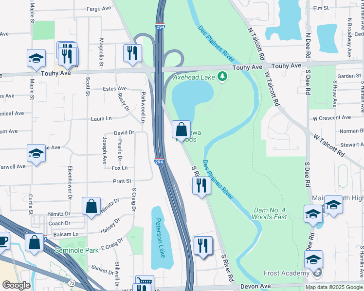 map of restaurants, bars, coffee shops, grocery stores, and more near 2700 South River Road in Des Plaines