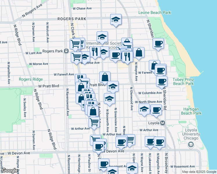 map of restaurants, bars, coffee shops, grocery stores, and more near 6749 North Bosworth Avenue in Chicago