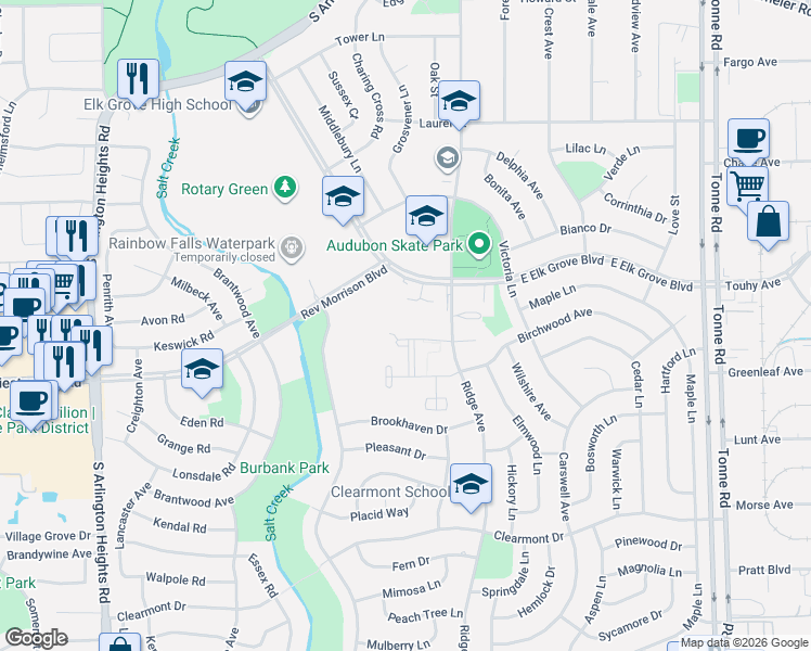 map of restaurants, bars, coffee shops, grocery stores, and more near 912 Ridge Square in Elk Grove Village
