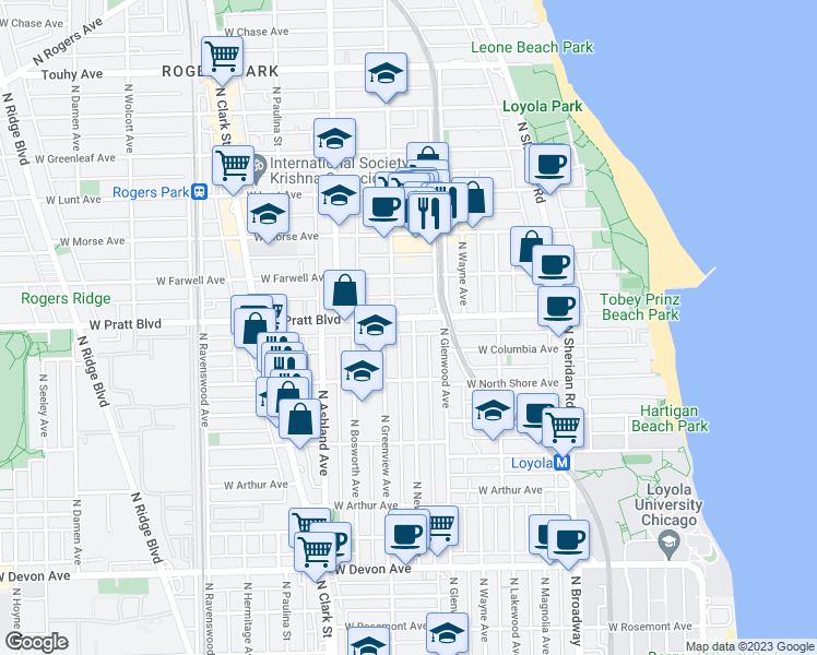 map of restaurants, bars, coffee shops, grocery stores, and more near 1437 West Pratt Boulevard in Chicago