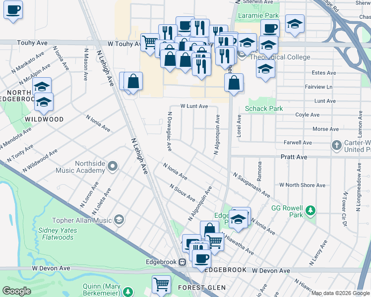 map of restaurants, bars, coffee shops, grocery stores, and more near 6824 North Sauganash Avenue in Chicago