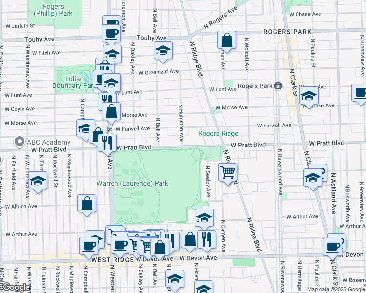 map of restaurants, bars, coffee shops, grocery stores, and more near West Pratt Boulevard in Chicago