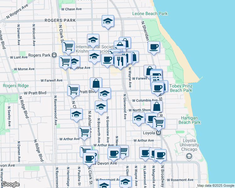 map of restaurants, bars, coffee shops, grocery stores, and more near 6753 North Newgard Avenue in Chicago