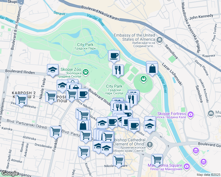 map of restaurants, bars, coffee shops, grocery stores, and more near 65 Boulevard Ilinden in Skopje