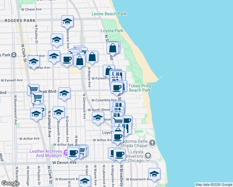 map of restaurants, bars, coffee shops, grocery stores, and more near 6758 North Sheridan Road in Chicago