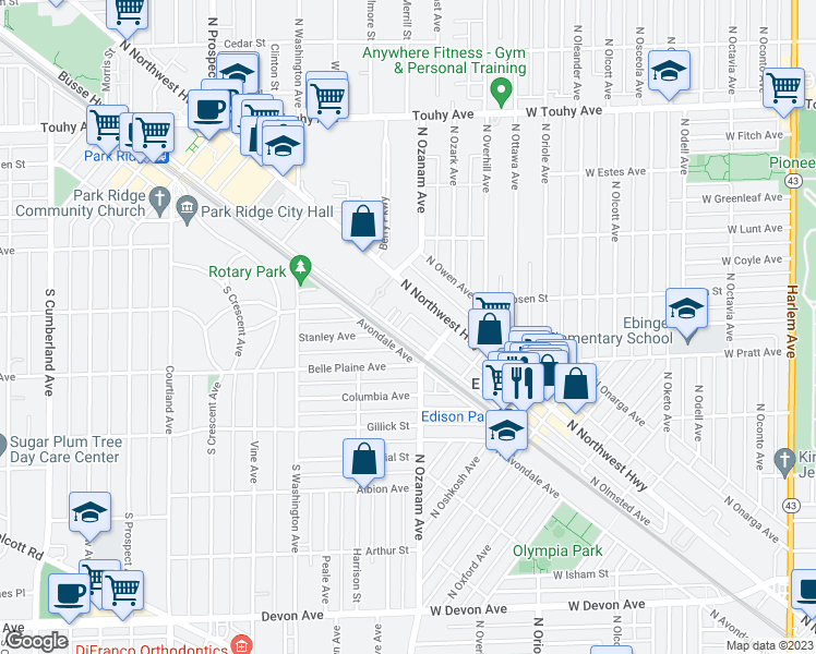 map of restaurants, bars, coffee shops, grocery stores, and more near 515 Summit Avenue in Park Ridge