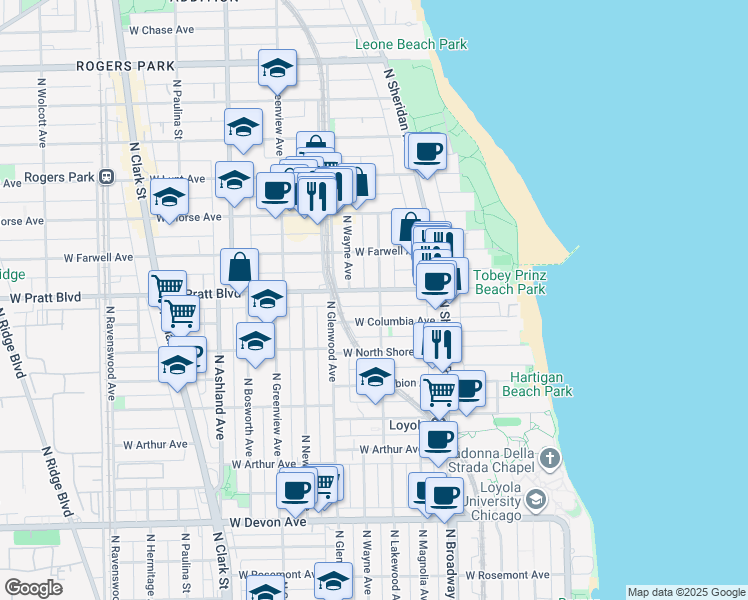 map of restaurants, bars, coffee shops, grocery stores, and more near 1305 West Pratt Boulevard in Chicago
