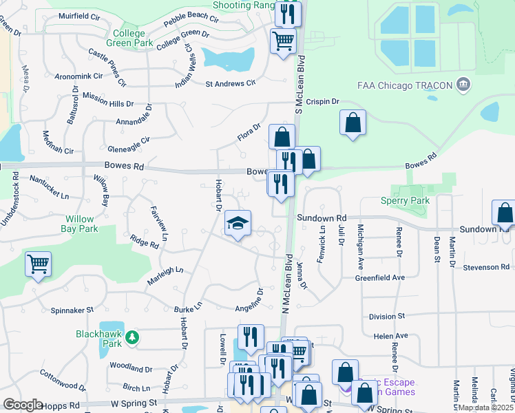 map of restaurants, bars, coffee shops, grocery stores, and more near 700 North McLean Boulevard in South Elgin