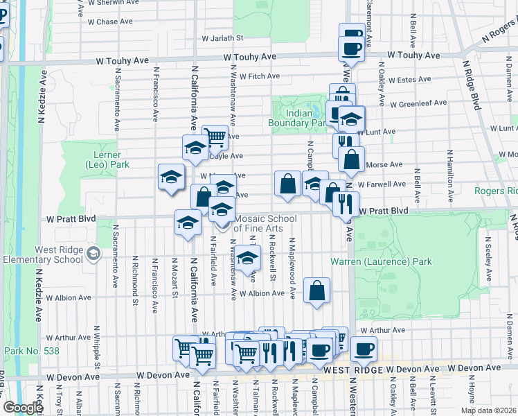 map of restaurants, bars, coffee shops, grocery stores, and more near 2625 West Pratt Boulevard in Chicago