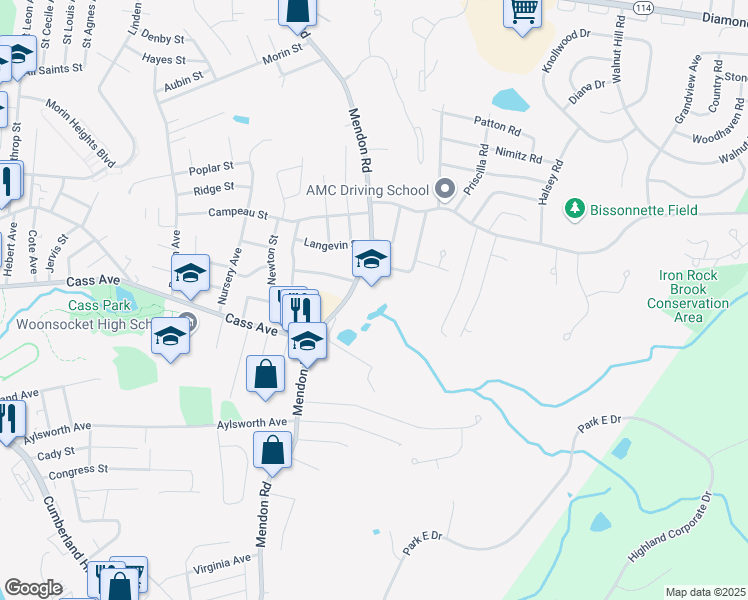 map of restaurants, bars, coffee shops, grocery stores, and more near 990 Mendon Road in Woonsocket