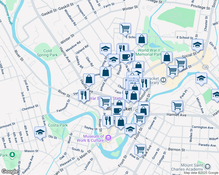 map of restaurants, bars, coffee shops, grocery stores, and more near 134 Cato Street in Woonsocket