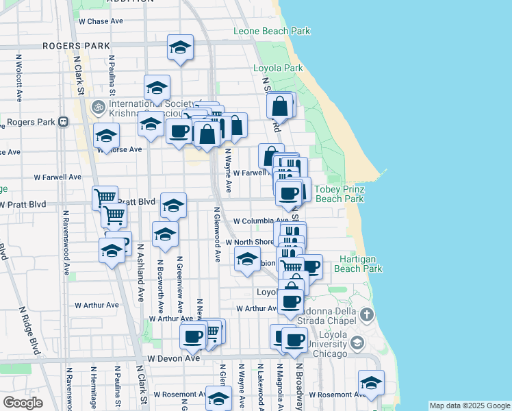 map of restaurants, bars, coffee shops, grocery stores, and more near 1258 West Columbia Avenue in Chicago