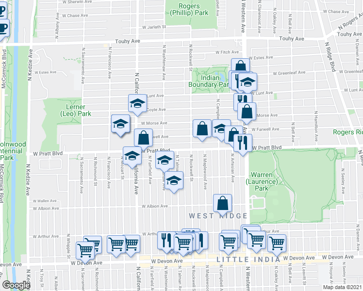 map of restaurants, bars, coffee shops, grocery stores, and more near 2625 West Pratt Boulevard in Chicago