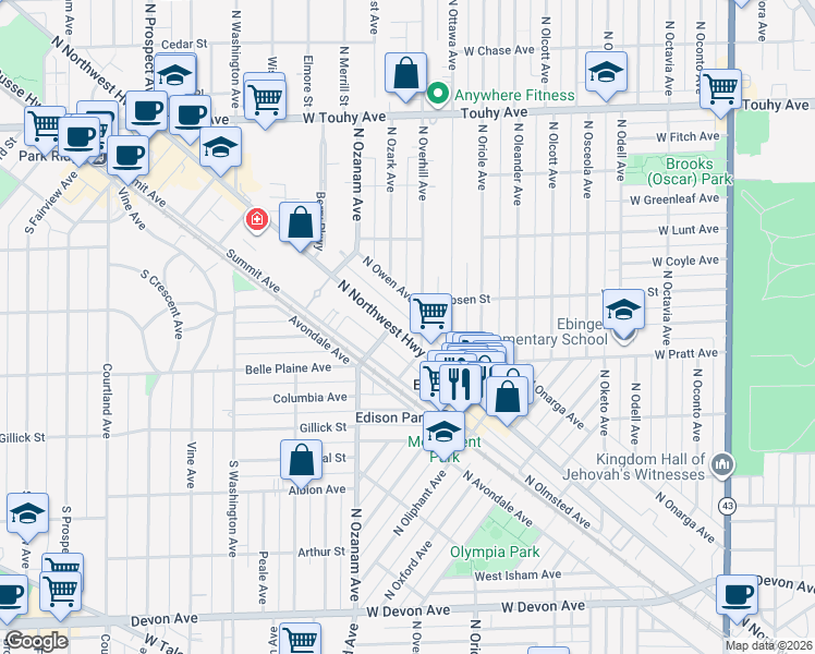 map of restaurants, bars, coffee shops, grocery stores, and more near 6830 North Overhill Avenue in Chicago