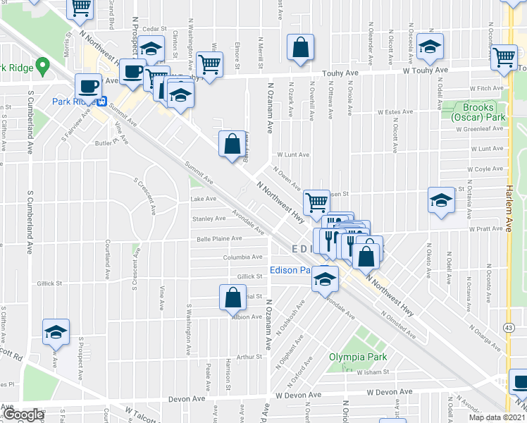 map of restaurants, bars, coffee shops, grocery stores, and more near 515 Summit Avenue in Park Ridge