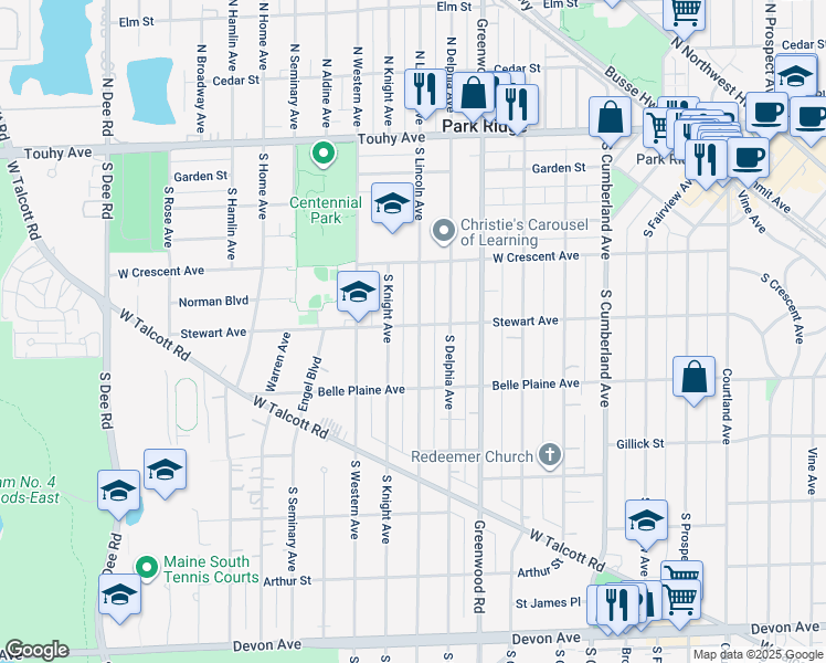 map of restaurants, bars, coffee shops, grocery stores, and more near 505 South Lincoln Avenue in Park Ridge