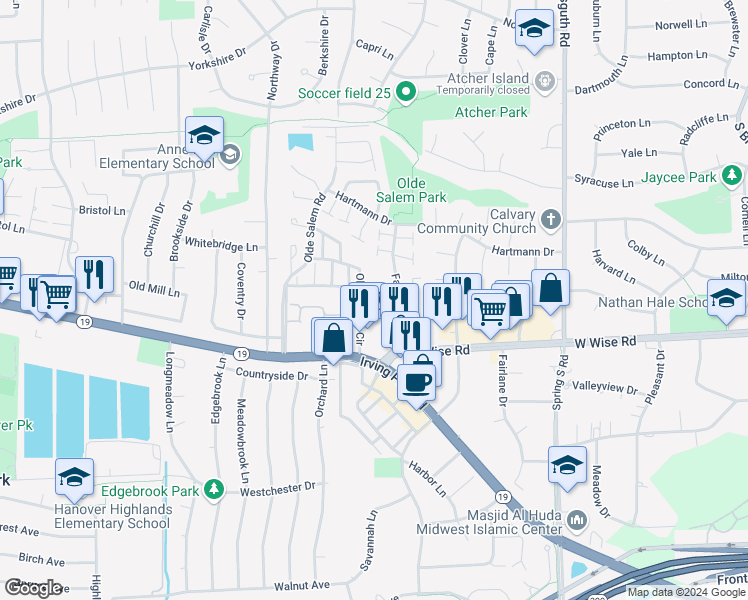 map of restaurants, bars, coffee shops, grocery stores, and more near 7229 Olde Salem Circle in Hanover Park