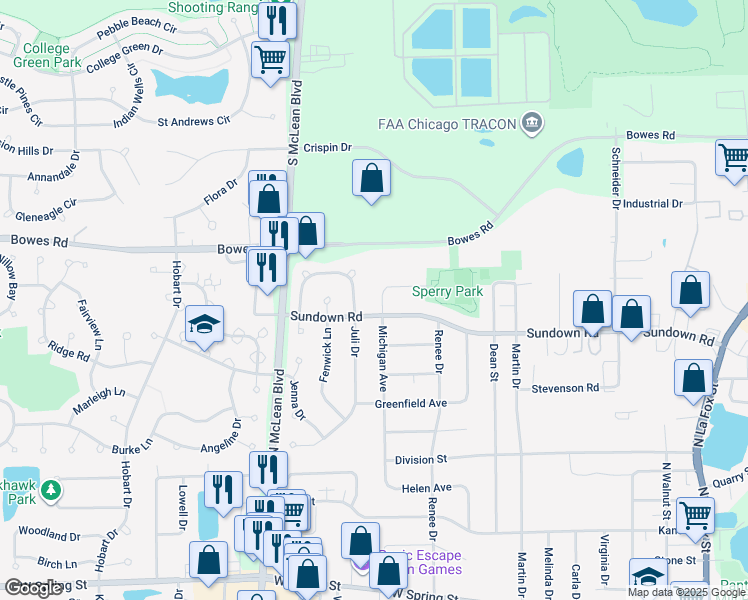 map of restaurants, bars, coffee shops, grocery stores, and more near 919 Sundown Road in South Elgin