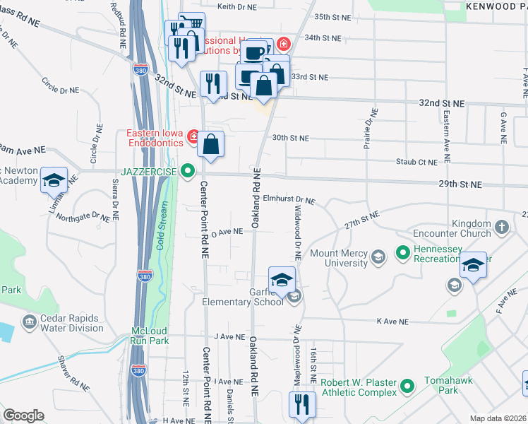 map of restaurants, bars, coffee shops, grocery stores, and more near 1380 O Avenue Northeast in Cedar Rapids