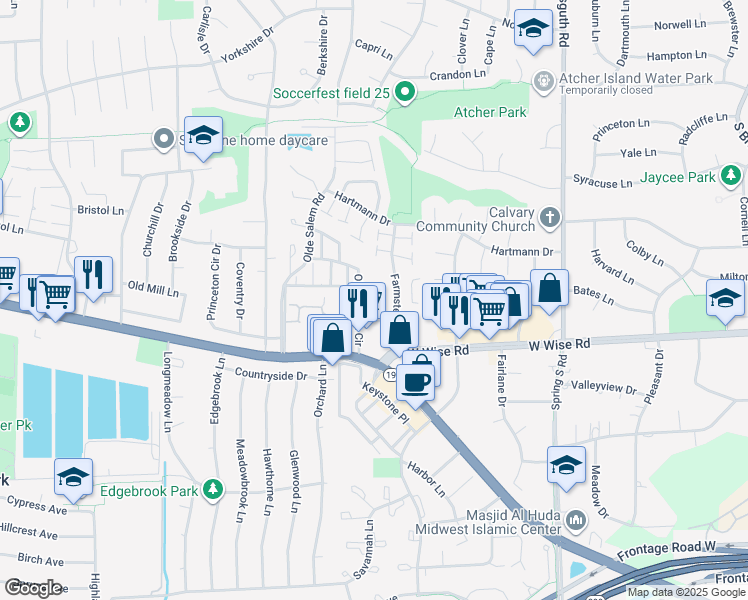map of restaurants, bars, coffee shops, grocery stores, and more near 7229 Olde Salem Circle in Hanover Park