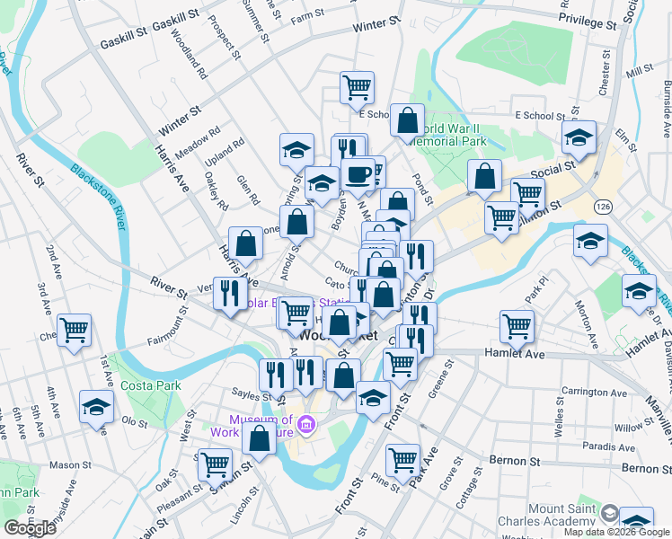 map of restaurants, bars, coffee shops, grocery stores, and more near 134 Cato Street in Woonsocket