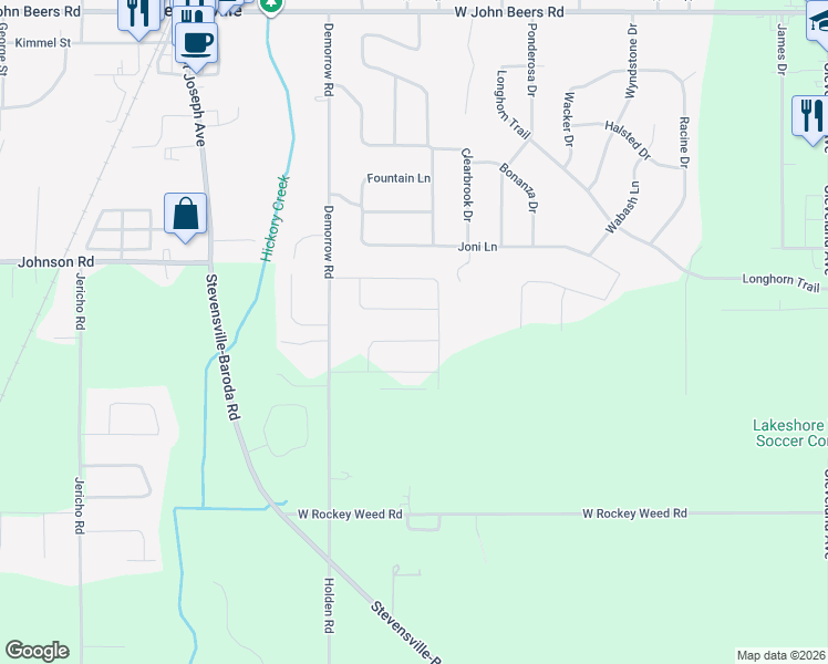 map of restaurants, bars, coffee shops, grocery stores, and more near 2372 Perry Drive in Stevensville