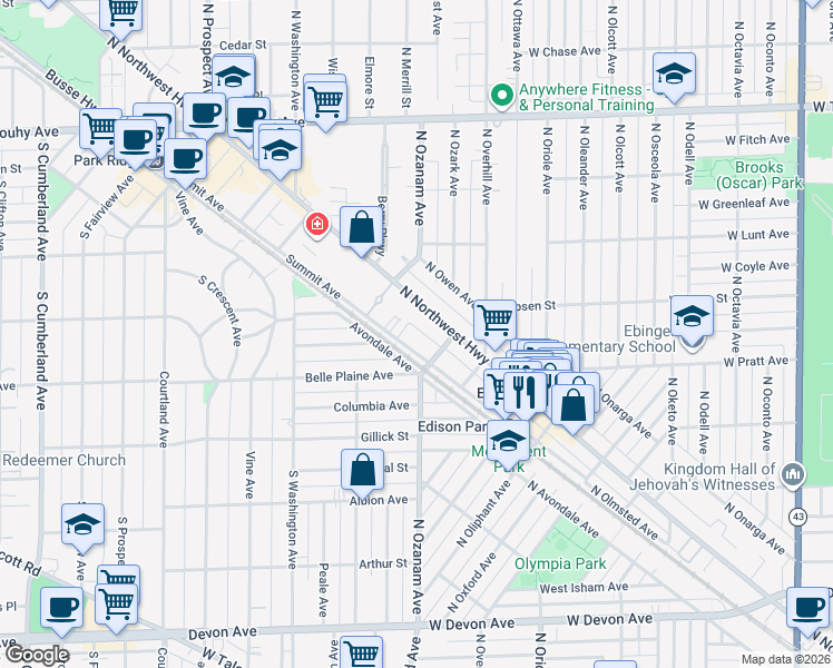 map of restaurants, bars, coffee shops, grocery stores, and more near 18 Belle Plaine Avenue in Park Ridge