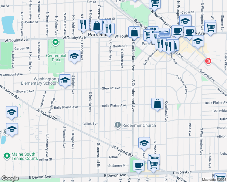 map of restaurants, bars, coffee shops, grocery stores, and more near 515 South Chester Avenue in Park Ridge