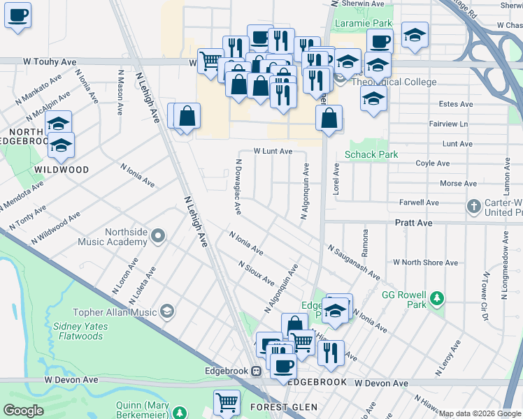 map of restaurants, bars, coffee shops, grocery stores, and more near 6824 North Sauganash Avenue in Chicago