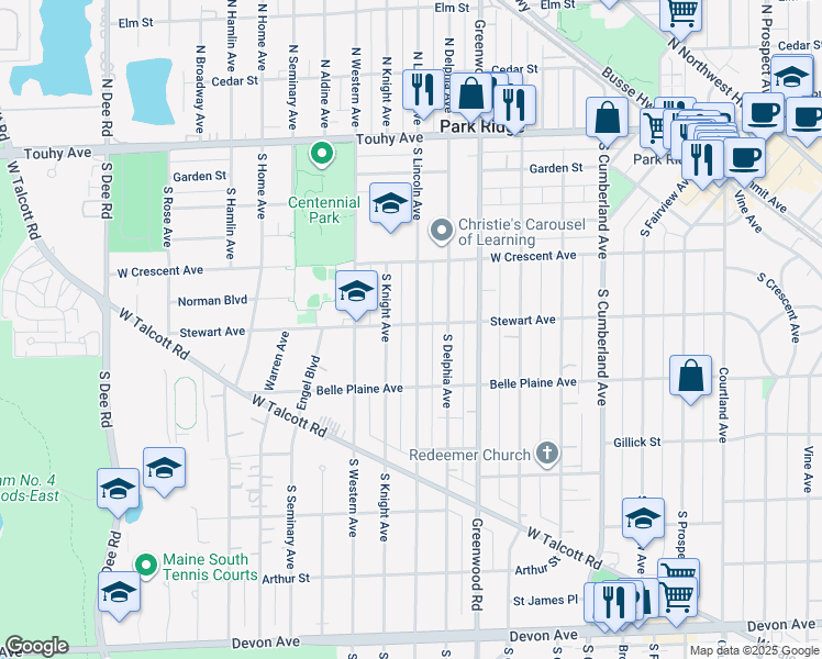 map of restaurants, bars, coffee shops, grocery stores, and more near 505 South Lincoln Avenue in Park Ridge